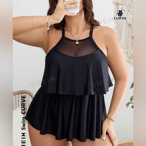 SHEIN Swim Curve Plus Contrast Mesh Ruffle Hem Bikini Swimsuit